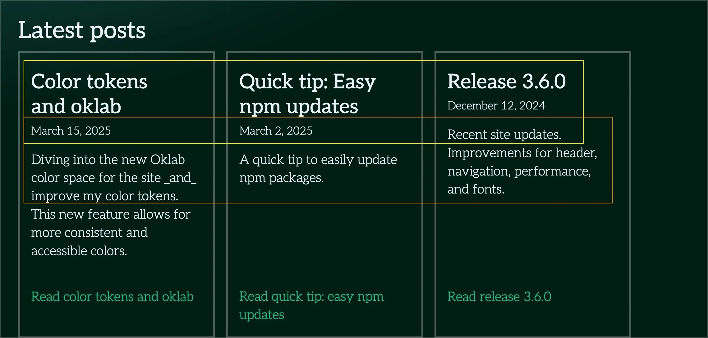 A screenshot of the before, with misaligned card title, date, and body