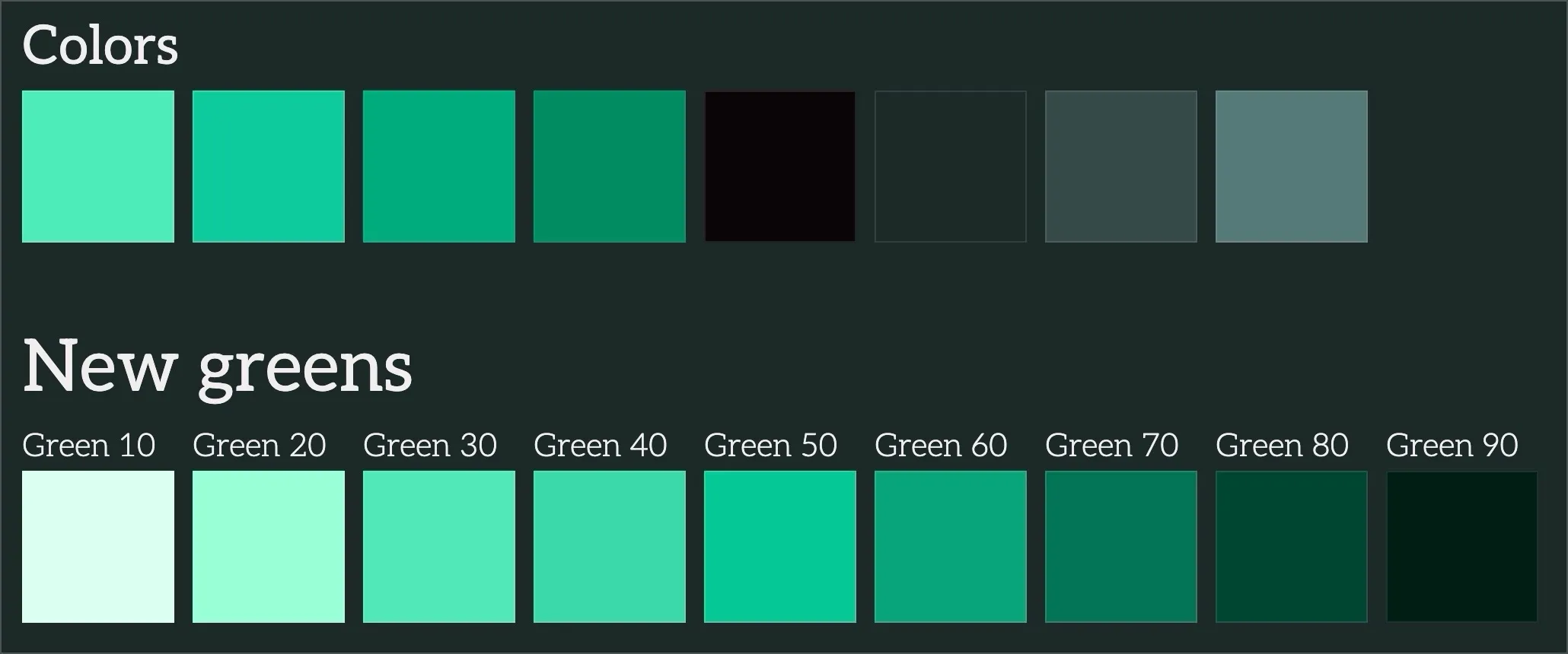 Two rows of colors, old colors first a mix of greens and grays and below is a row of matching shades of green