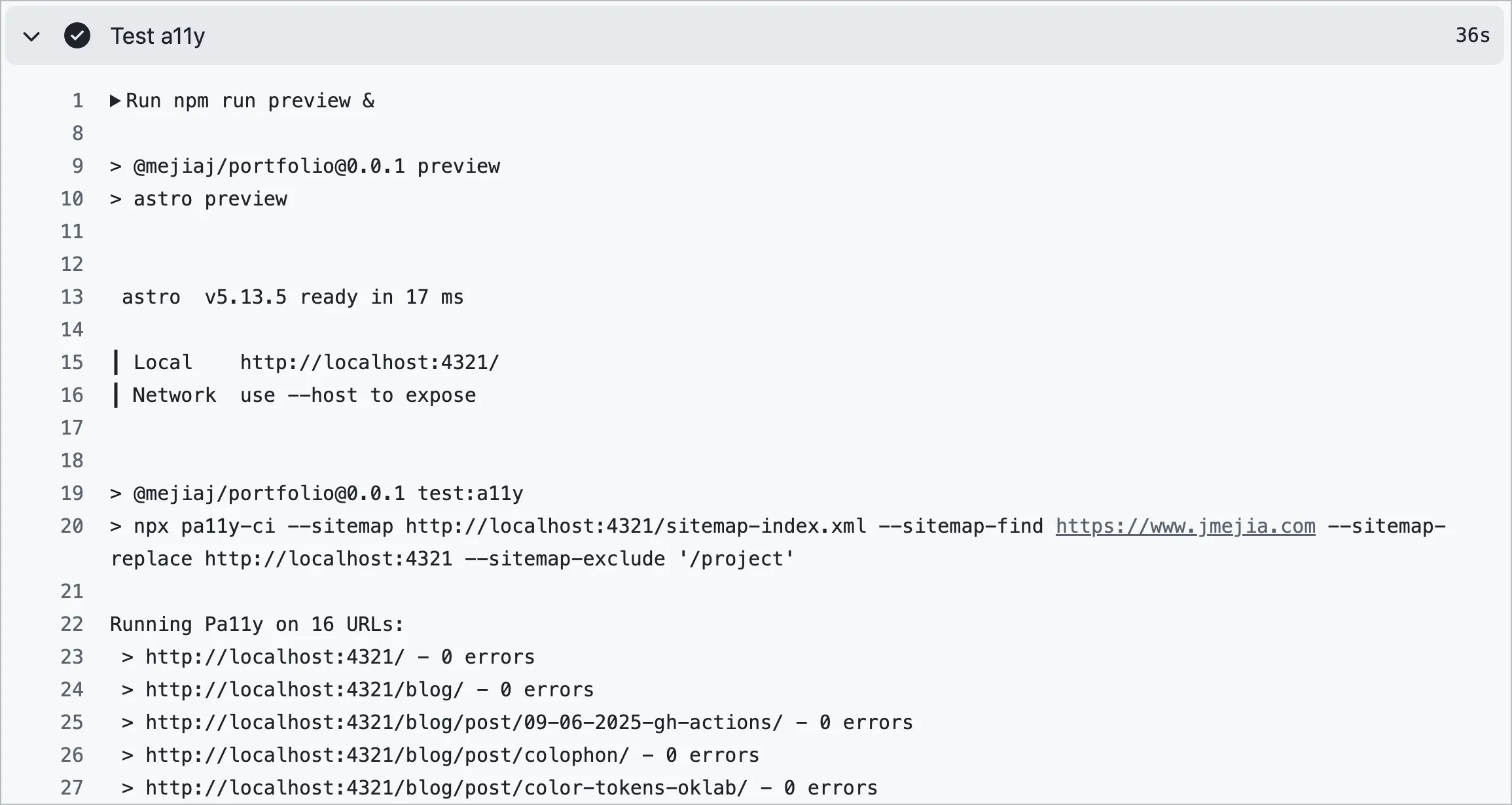 The accessibility automated test details showing zero errors