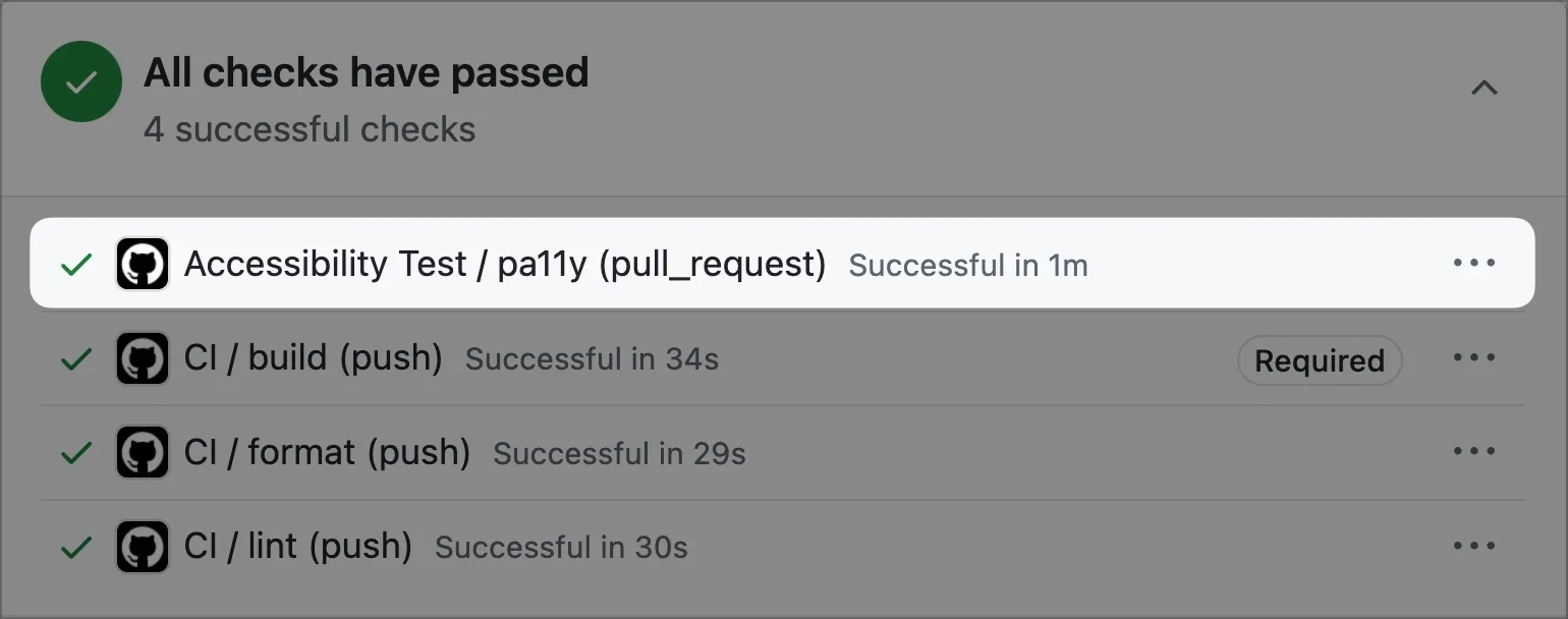GitHub pull request checks highlighting the new accessibility test